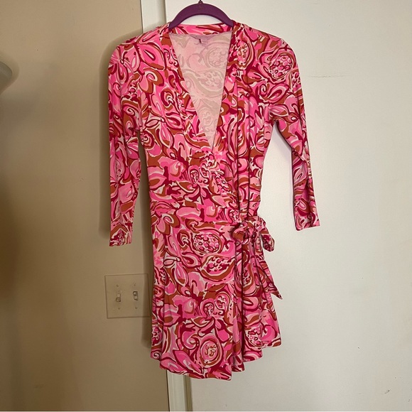 Lilly Pulitzer XS Karlie Wrap Romper Mango Salsa Pink - Picture 2 of 10